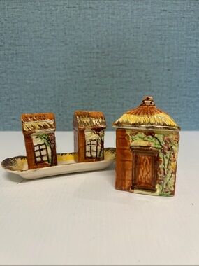 Vintage Price Bros Thatched Cottage Condiment Jar Salt and Pepper Shakers